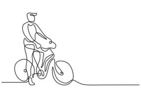 Un dessin au trait continu d'un jeune homme à vélo pour faire de l'exercice vecteur
