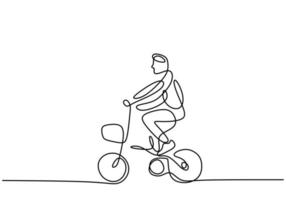 Un dessin au trait continu d'un jeune homme énergique à vélo vélo pliant pour faire de l'exercice vecteur