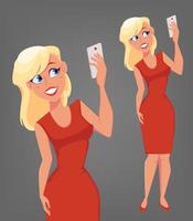 belle femme blonde aux grands yeux bleus tenant le téléphone et prenant selfie vecteur