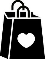 cœur symbole sur achats sac glyphe icône. vecteur