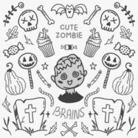 Halloween vecteur illustration concept avec mignonne zombi, la tombe et crâne. symétrique style graphique. parfait pour une social médias poste, impressions, affiche, couverture ou carte postale.