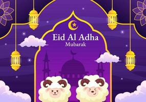 content eid Al adha mubarak vecteur illustration de les musulmans fête avec sacrificiel animaux chèvre et vache dans plat dessin animé main tiré modèles