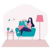 jeune femme assise et utilisant son appareil pour se connecter à internet à la maison vecteur