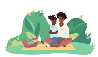 maman afro-américaine et sa fille ont un pique-nique dans l'illustration vectorielle plane du parc de la ville vecteur