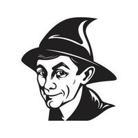 elfe portant chapeau, ancien logo ligne art concept noir et blanc couleur, main tiré illustration vecteur