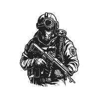 cyberpunk soldat ville patrouille, ancien logo ligne art concept noir et blanc couleur, main tiré illustration vecteur