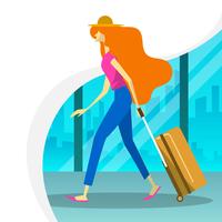 Flat Woman With Suitcase marche dans la salle d'embarquement de l'aéroport Vector Illustration