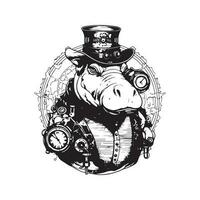 steampunk hippopotame, ancien logo ligne art concept noir et blanc couleur, main tiré illustration vecteur