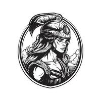 femelle amazone guerrier, ancien logo ligne art concept noir et blanc couleur, main tiré illustration vecteur