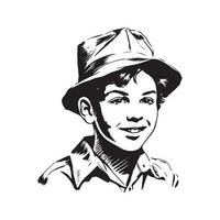 enfant dans garçon scout chapeau, ancien logo ligne art concept noir et blanc couleur, main tiré illustration vecteur