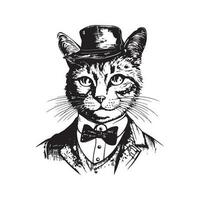 anthropomorphe chat, ancien logo ligne art concept noir et blanc couleur, main tiré illustration vecteur