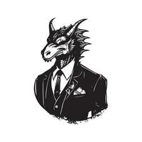 dragon portant costume, ancien logo ligne art concept noir et blanc couleur, main tiré illustration vecteur