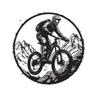 extrême sport Montagne Cyclisme, ancien logo ligne art concept noir et blanc couleur, main tiré illustration vecteur