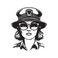 femelle police, ancien logo ligne art concept noir et blanc couleur, main tiré illustration vecteur