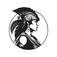 femelle amazone guerrier, ancien logo ligne art concept noir et blanc couleur, main tiré illustration vecteur