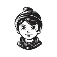 femelle portant plus doux et casquette, ancien logo ligne art concept noir et blanc couleur, main tiré illustration vecteur