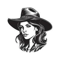 femelle cow-boy, ancien logo ligne art concept noir et blanc couleur, main tiré illustration vecteur