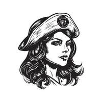 femelle pirate, ancien logo ligne art concept noir et blanc couleur, main tiré illustration vecteur