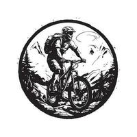 extrême sport Montagne Cyclisme, ancien logo ligne art concept noir et blanc couleur, main tiré illustration vecteur