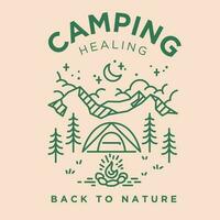 camping guérison ancien monoline scène illustration comprendre Tente,feu de joie,montagne,lune nuit vecteur