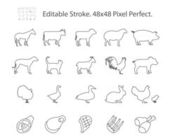 icônes de ligne de vecteur liées à la viande d'animaux de ferme