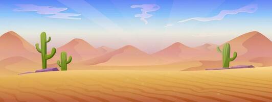 vecteur dessin animé style illustration. désert paysage avec le sable dunes et des pierres avec cactus.