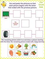 logique feuille de travail pour enfants, Couper et pâte le des photos, éducatif des lettres jeu, bien moteur compétences, prendre plaisir apprentissage, conseil, tambouriner, mangue, oignon, noix, arbre, oreille, arc-en-ciel, roue, et Soleil vecteur