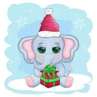 mignonne dessin animé éléphant, puéril personnage avec magnifique yeux portant Père Noël chapeau, foulard, en portant cadeau, Noël Balle vecteur