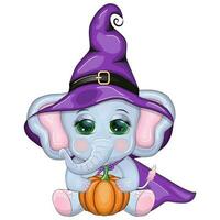 mignonne dessin animé éléphant, puéril personnage dans sorcier chapeau avec citrouille, potion ou balai, Halloween vecteur
