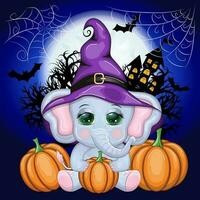 mignonne dessin animé éléphant, puéril personnage dans sorcier chapeau avec citrouille, potion ou balai. Halloween carte postale vecteur