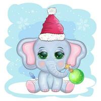 mignonne dessin animé éléphant, puéril personnage avec magnifique yeux portant Père Noël chapeau, foulard, en portant cadeau, Noël Balle vecteur