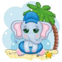 mignonne dessin animé éléphant, enfants personnage dans une nager cercle et Panama chapeau, été, vacances, plage vecteur