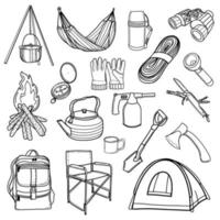 équipement touristique. randonnée, voyages. un ensemble d'icônes pour le camping. illustration vectorielle dans le style de doodle. conception d'autocollants, d'impression, de magazines, de blogs vecteur