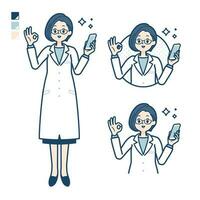 une femme médecin dans une laboratoire manteau avec en portant une téléphone intelligent et Faire un D'accord signe images vecteur