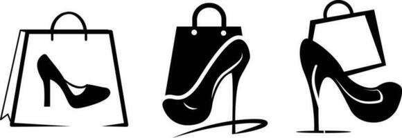 Dames talons ou chaussure et sac ensemble en ligne boutique icône vecteur agrafe art.
