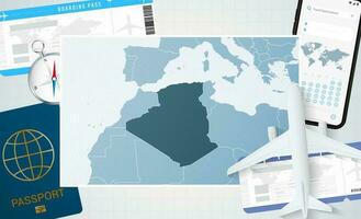 périple à Algérie, illustration avec une carte de Algérie. Contexte avec avion, cellule téléphone, passeport, boussole et des billets. vecteur