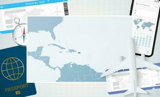 périple à puerto Rico, illustration avec une carte de puerto Rico. Contexte avec avion, cellule téléphone, passeport, boussole et des billets. vecteur