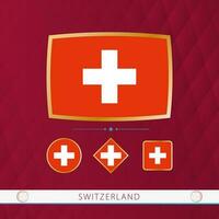 ensemble de Suisse drapeaux avec or Cadre pour utilisation à sportif événements sur une Bourgogne abstrait Contexte. vecteur