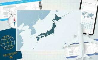 périple à Japon, illustration avec une carte de Japon. Contexte avec avion, cellule téléphone, passeport, boussole et des billets. vecteur