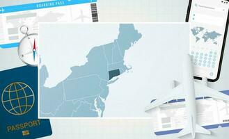 périple à Connecticut, illustration avec une carte de Connecticut. Contexte avec avion, cellule téléphone, passeport, boussole et des billets. vecteur