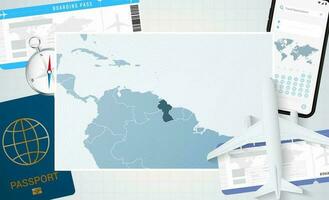 périple à Guyane, illustration avec une carte de Guyane. Contexte avec avion, cellule téléphone, passeport, boussole et des billets. vecteur