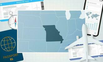 périple à Missouri, illustration avec une carte de Missouri. Contexte avec avion, cellule téléphone, passeport, boussole et des billets. vecteur