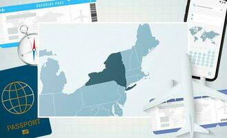 périple à Nouveau York, illustration avec une carte de Nouveau York. Contexte avec avion, cellule téléphone, passeport, boussole et des billets. vecteur