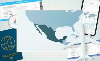 périple à Mexique, illustration avec une carte de Mexique. Contexte avec avion, cellule téléphone, passeport, boussole et des billets. vecteur