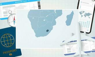 périple à Lesotho, illustration avec une carte de Lesotho. Contexte avec avion, cellule téléphone, passeport, boussole et des billets. vecteur