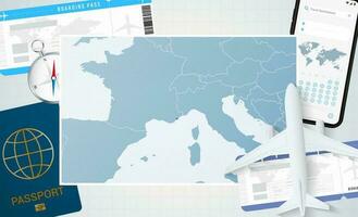périple à Monaco, illustration avec une carte de Monaco. Contexte avec avion, cellule téléphone, passeport, boussole et des billets. vecteur