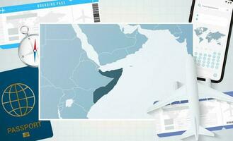 périple à Somalie, illustration avec une carte de Somalie. Contexte avec avion, cellule téléphone, passeport, boussole et des billets. vecteur