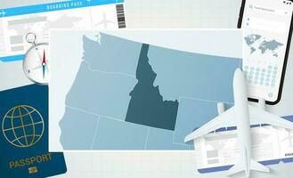 périple à Idaho, illustration avec une carte de Idaho. Contexte avec avion, cellule téléphone, passeport, boussole et des billets. vecteur