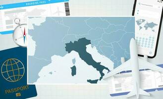 périple à Italie, illustration avec une carte de Italie. Contexte avec avion, cellule téléphone, passeport, boussole et des billets. vecteur