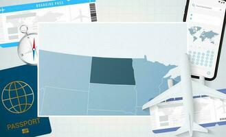 périple à Nord Dakota, illustration avec une carte de Nord Dakota. Contexte avec avion, cellule téléphone, passeport, boussole et des billets. vecteur